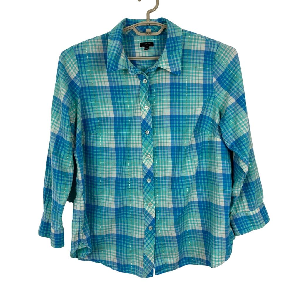 Talbots Plaid Button Shirt 1X blue green metallic gold preppy